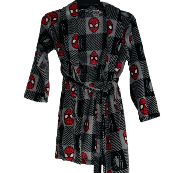 Other - Spiderman Kids unisex bath robe size small in red grey & black fuzzy pajamas